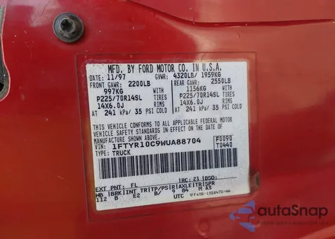 1998 Ford Ranger Splash/Xl/Xlt from USA, damaged, VIN 1FTYR10C9WUA88704